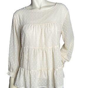 Sz M Pretty Garden Women’s Cream Tiered Swiss Dot Blouse